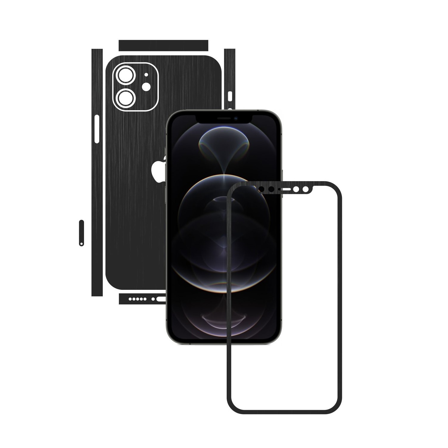 Folie Protectie Carbon Skinz pentru Apple iPhone 12 - Brushed Negru Split Cut, Skin Adeziv Full Body Cover pentru Rama Ecran, Carcasa Spate si Laterale