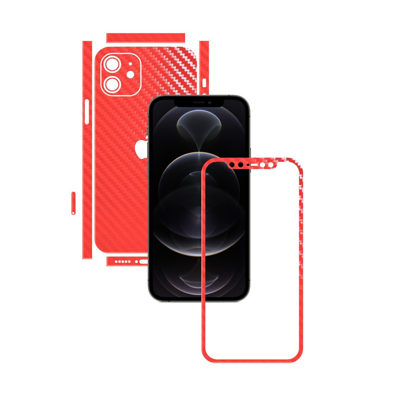 Folie Protectie Carbon Skinz pentru Apple iPhone 12 Mini - Carbon Rosu Split Cut, Skin Adeziv Full Body Cover pentru Rama Ecran, Carcasa Spate si Laterale