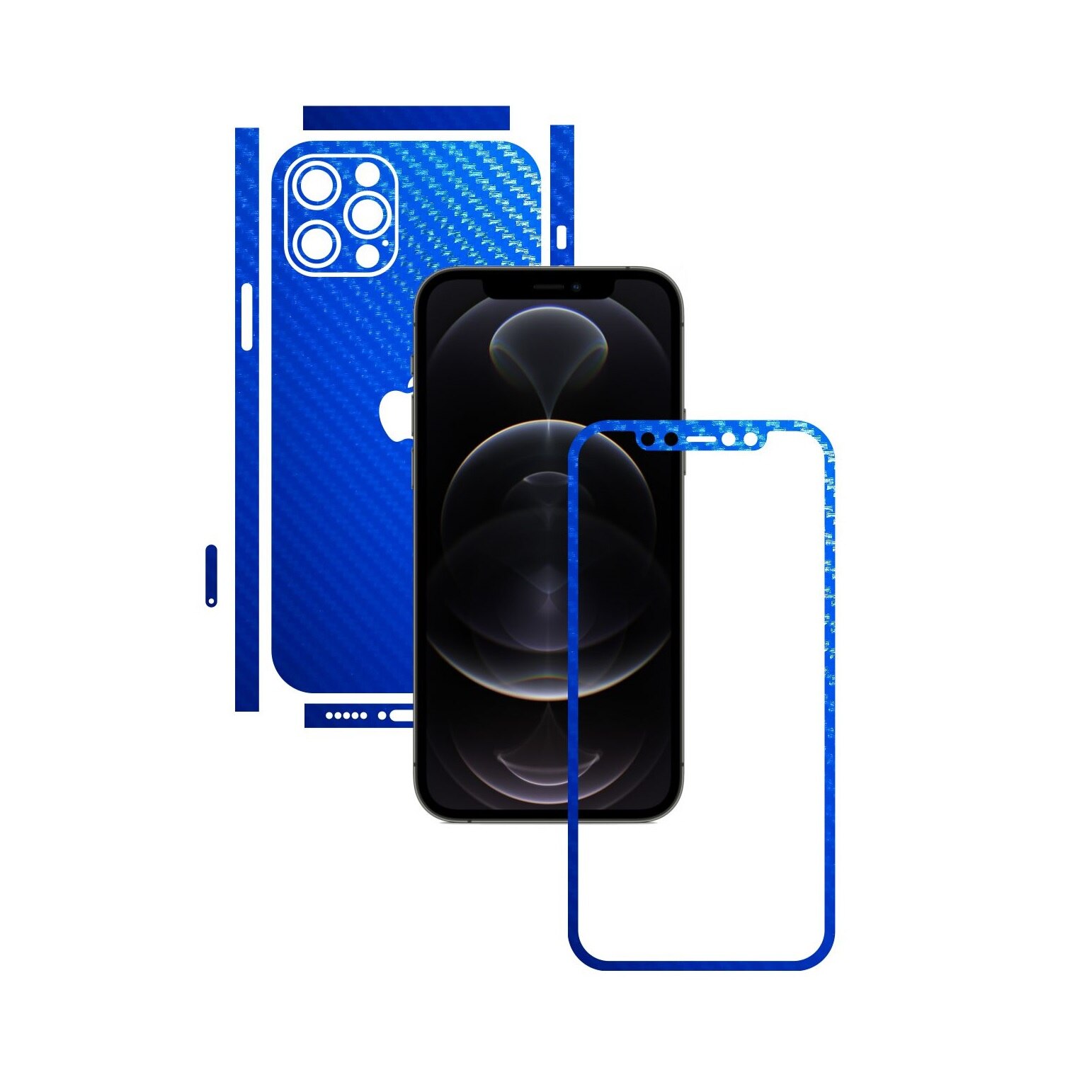 Folie Protectie Carbon Skinz pentru Apple iPhone 12 Pro - Carbon Albastru Split Cut, Skin Adeziv Full Body Cover pentru Rama Ecran, Carcasa Spate si Laterale