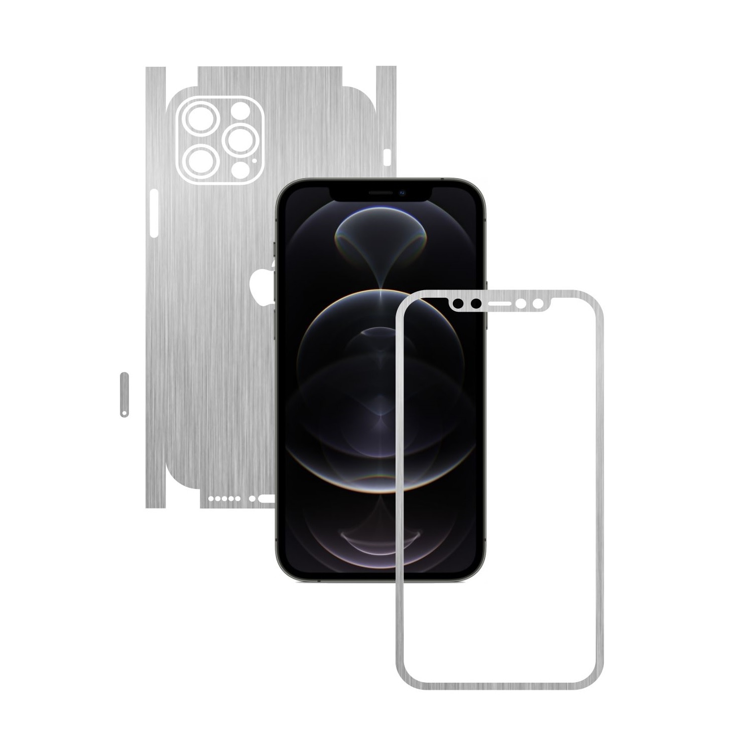 Folie Protectie Carbon Skinz pentru Apple iPhone 12 Pro - Brushed Argintiu 360 Cut, Skin Adeziv Full Body Cover pentru Rama Ecran, Carcasa Spate si Laterale