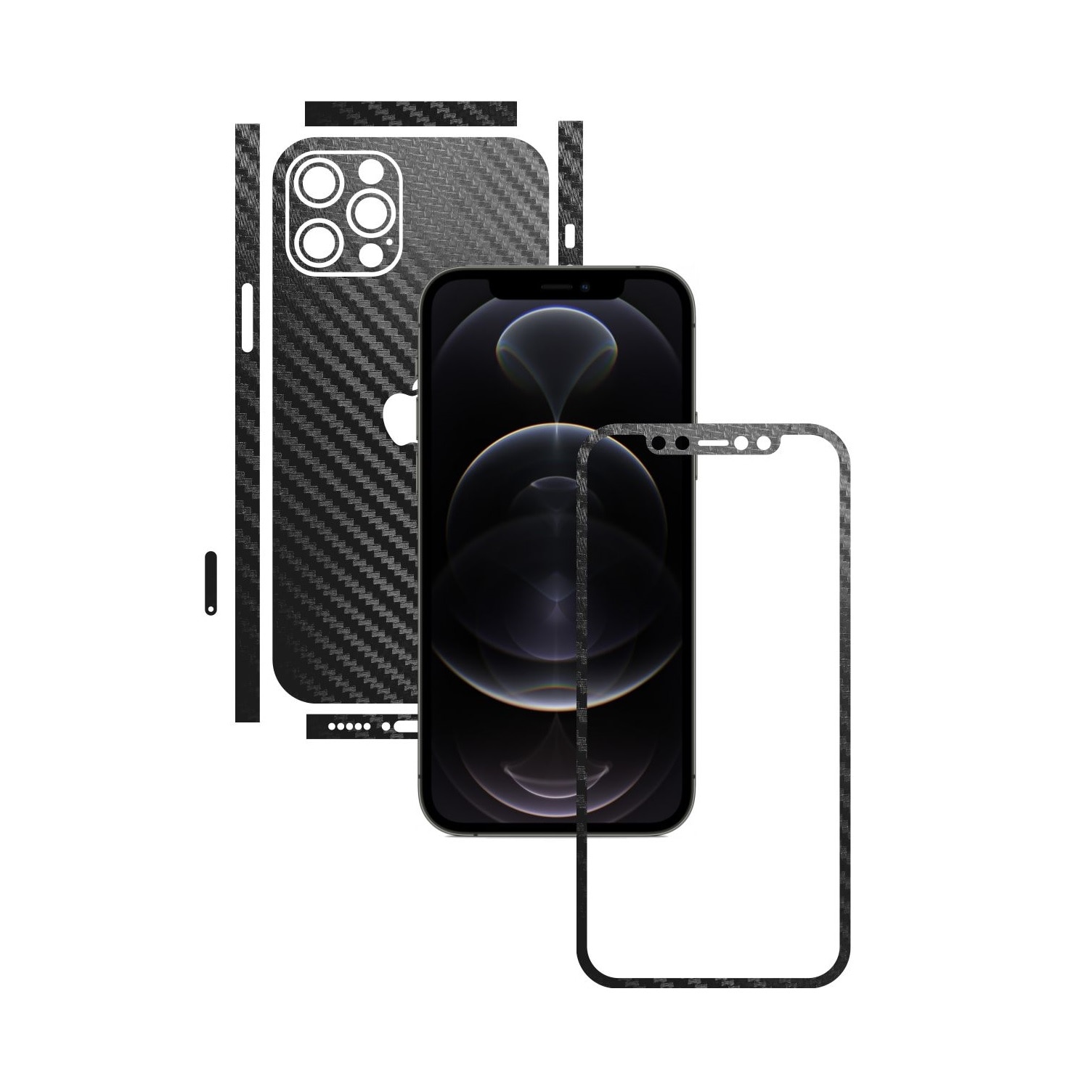 Folie Protectie Carbon Skinz pentru Apple iPhone 12 Pro Max - Carbon Negru Split Cut, Skin Adeziv Full Body Cover pentru Rama Ecran, Carcasa Spate si Laterale