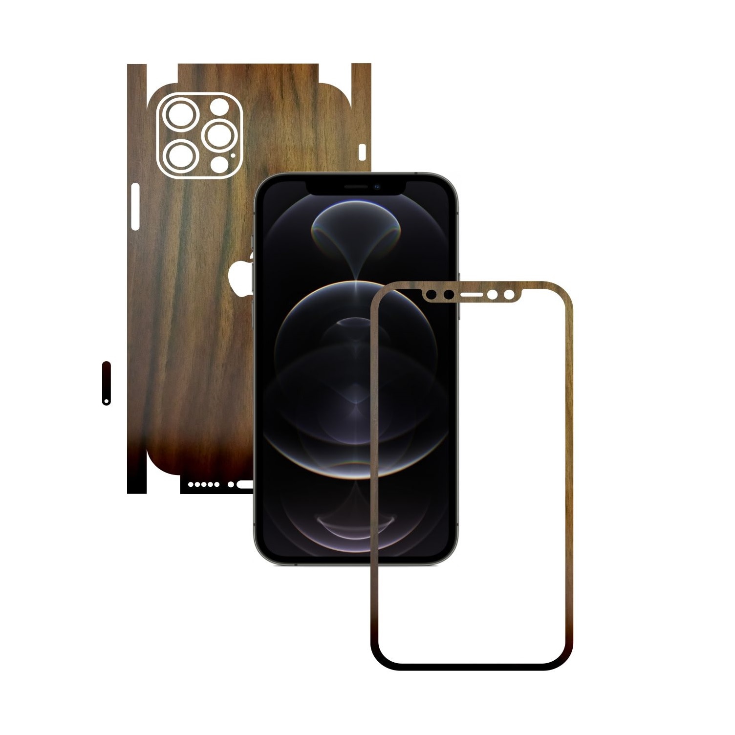 Folie Protectie Carbon Skinz pentru Apple iPhone 12 Pro Max - Lemn Nuc 360 Cut, Skin Adeziv Full Body Cover pentru Rama Ecran, Carcasa Spate si Laterale