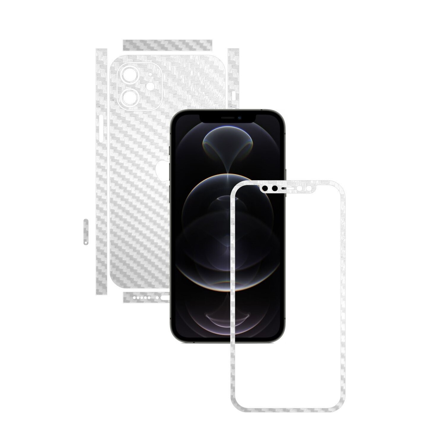 Folie Protectie Carbon Skinz pentru Apple iPhone 12 Mini - Carbon Alb Split Cut, Skin Adeziv Full Body Cover pentru Rama Ecran, Carcasa Spate si Laterale