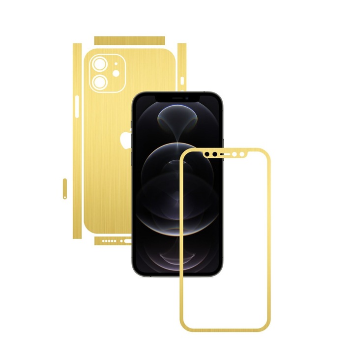 Carbon Skinz védőfólia Apple iPhone 12 készülékhez – szálcsiszolt arany hasított kivágással, teljes testet fedő tapadó bőr a képernyőkerethez, a hát- és oldaltokhoz
