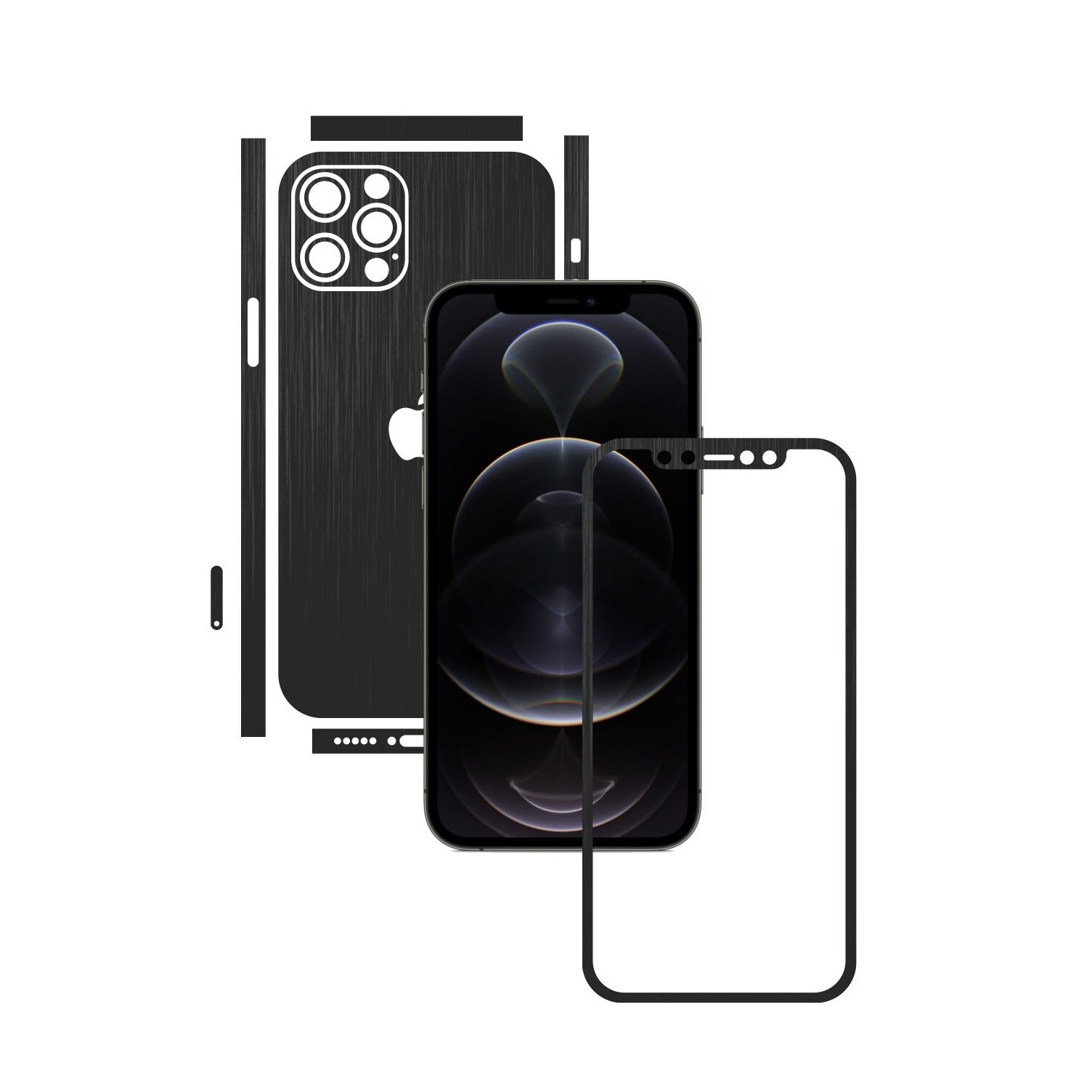Folie Protectie Carbon Skinz pentru Apple iPhone 12 Pro Max - Brushed Negru Split Cut, Skin Adeziv Full Body Cover pentru Rama Ecran, Carcasa Spate si Laterale
