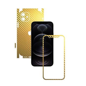 Folie Protectie Carbon Skinz pentru Apple iPhone 12 - Carbon Auriu 360 Cut, Skin Adeziv Full Body Cover pentru Rama Ecran, Carcasa Spate si Laterale