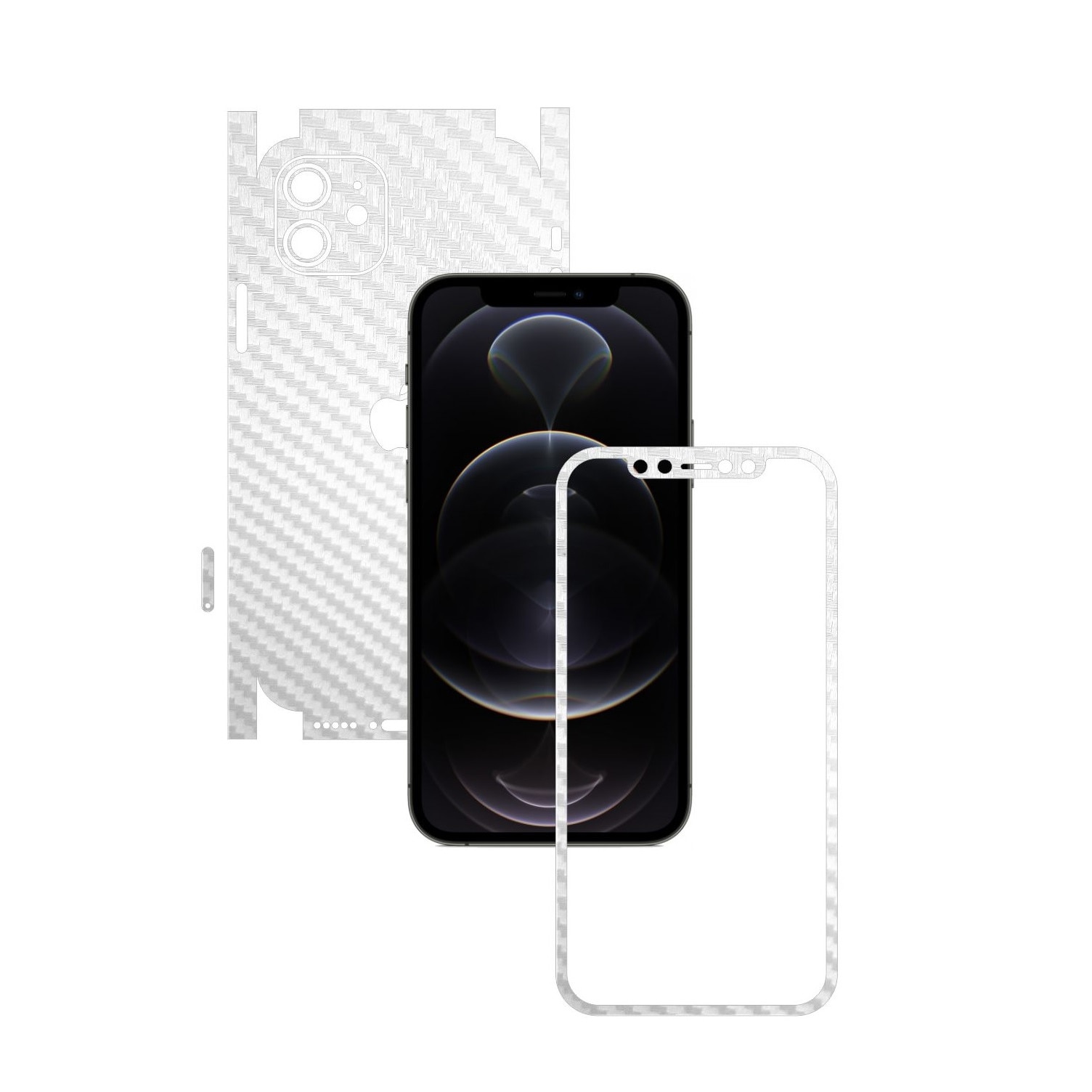 Folie Protectie Carbon Skinz pentru Apple iPhone 12 - Carbon Alb 360 Cut, Skin Adeziv Full Body Cover pentru Rama Ecran, Carcasa Spate si Laterale