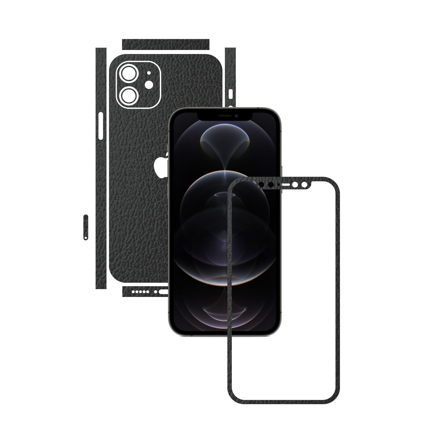Folie Protectie Carbon Skinz pentru Apple iPhone 12 - Piele Neagra Split Cut, Skin Adeziv Full Body Cover pentru Rama Ecran, Carcasa Spate si Laterale