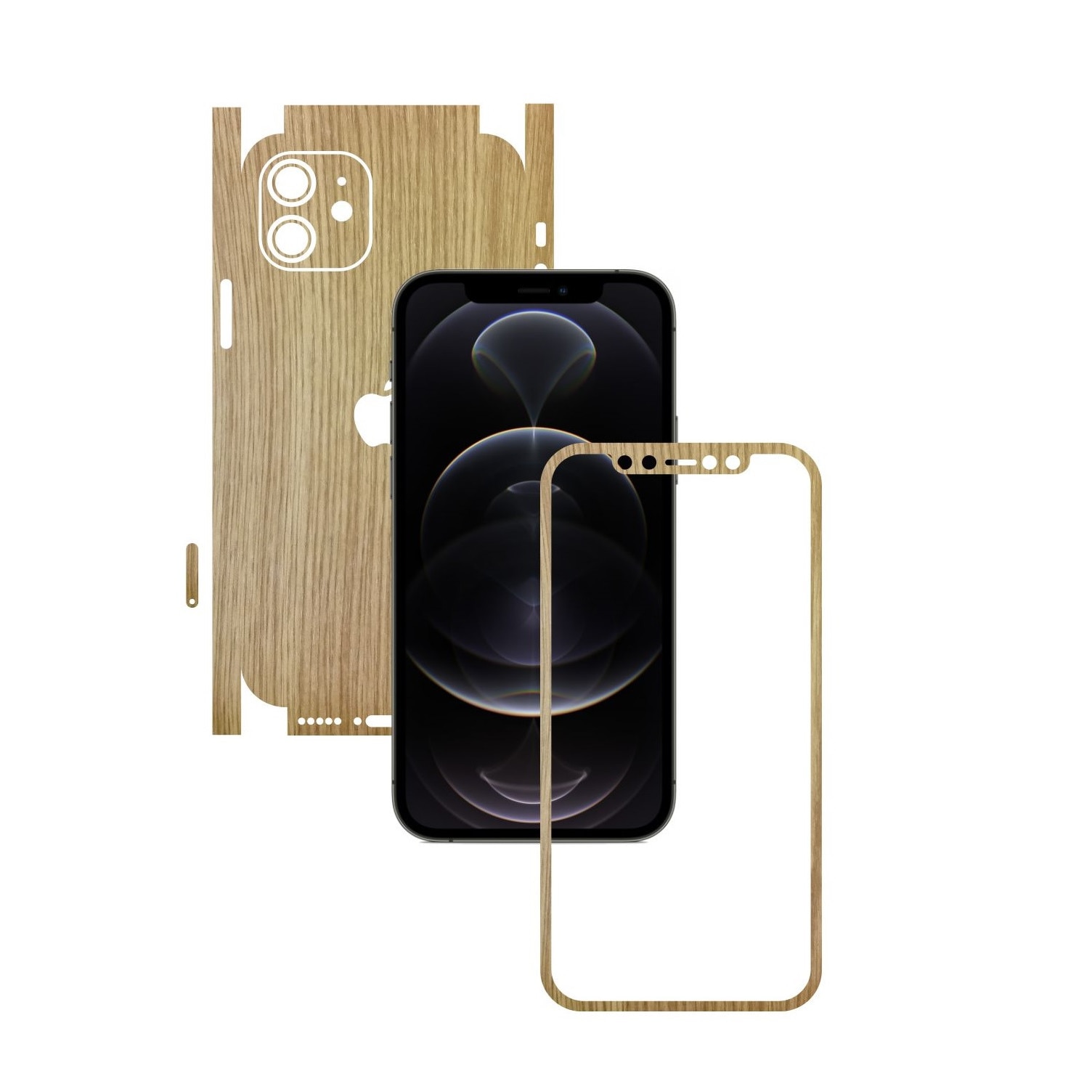 Folie Protectie Carbon Skinz pentru Apple iPhone 12 Mini - Lemn Stejar 360 Cut, Skin Adeziv Full Body Cover pentru Rama Ecran, Carcasa Spate si Laterale
