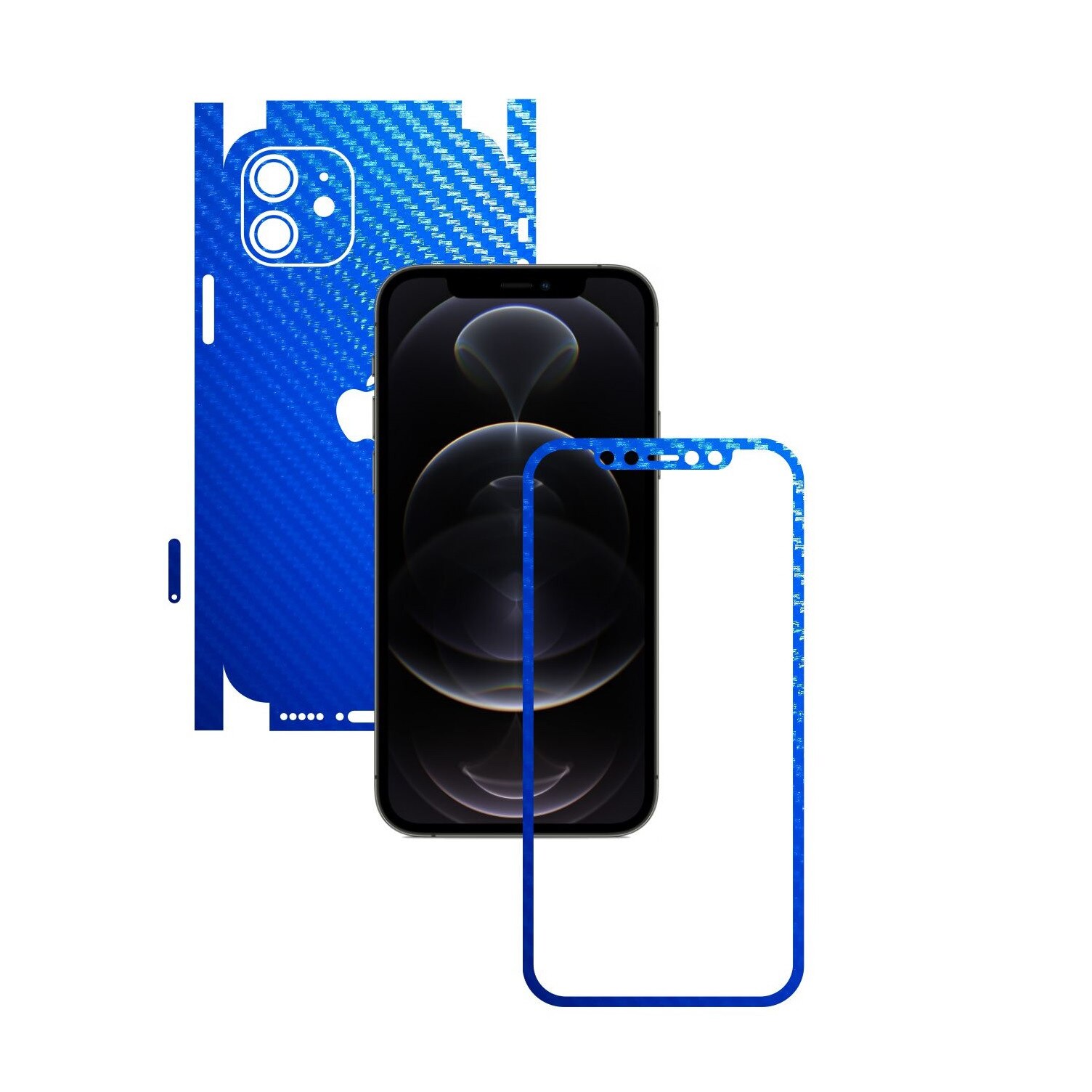 Folie Protectie Carbon Skinz pentru Apple iPhone 12 Mini - Carbon Albastru 360 Cut, Skin Adeziv Full Body Cover pentru Rama Ecran, Carcasa Spate si Laterale