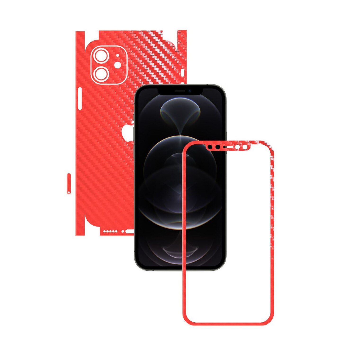 Folie Protectie Carbon Skinz pentru Apple iPhone 12 - Carbon Rosu 360 Cut, Skin Adeziv Full Body Cover pentru Rama Ecran, Carcasa Spate si Laterale