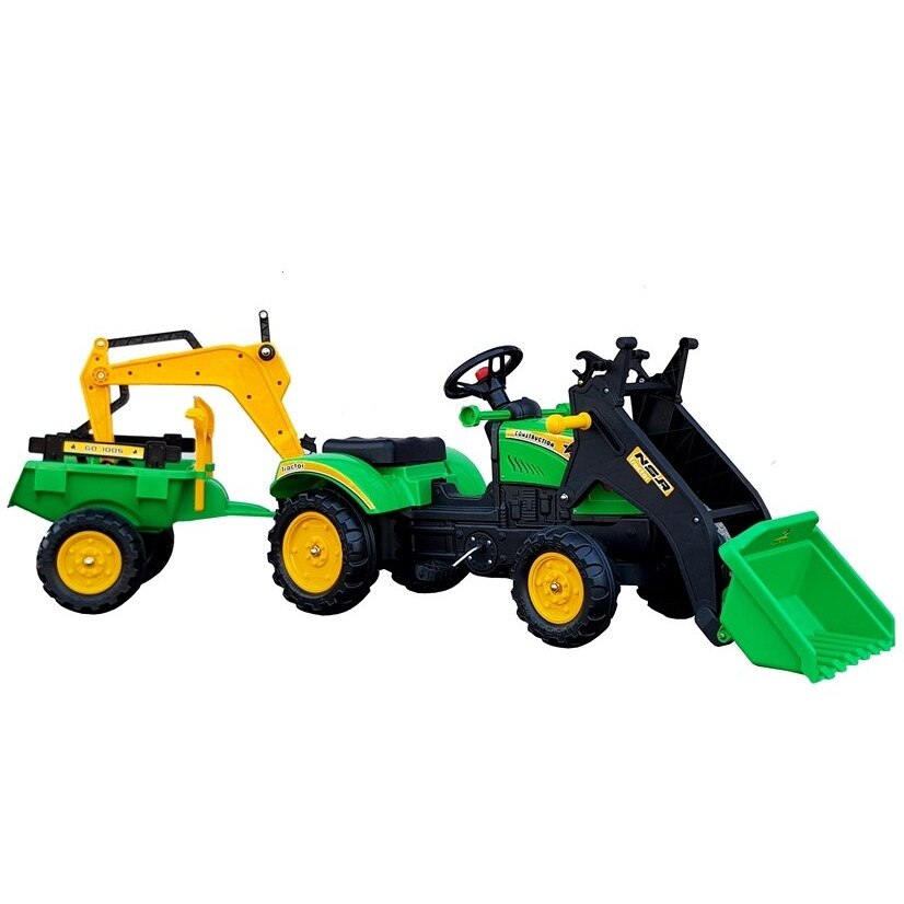 Tractor cu pedale Branson cu buldozer, excavator si remorca, verde