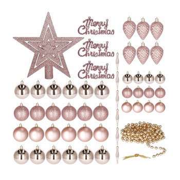 Set 51 Globuri si Decoratiuni de Craciun pentru Brad, cu Stea si Margele, din Plastic, Rose/Gold Set 51 Globuri si Decoratiuni de Craciun pentru Brad, cu Stea si Margele, din Plastic, Rose/Gold