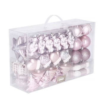 Set 77 Globuri Decoratiuni de Craciun pentru Brad, din Plastic, Roz perlat Set 77 Globuri Decoratiuni de Craciun pentru Brad, din Plastic, Roz perlat