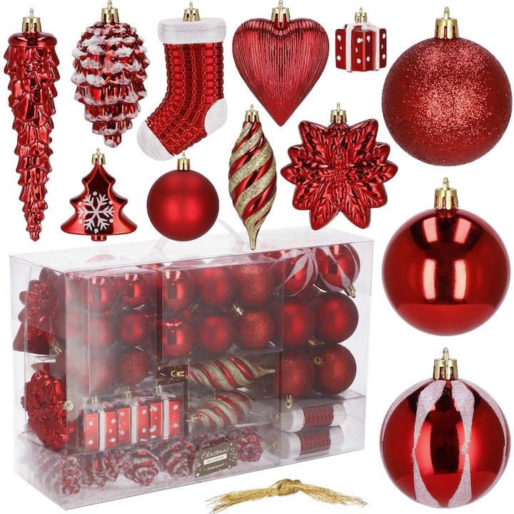 Sersimo karácsonyi díszek készlet, 72 darab, különböző méretű, piros