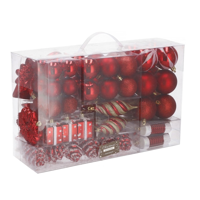 Set 72 Globuri Decoratiuni de Craciun pentru Brad, din Plastic, Rosu