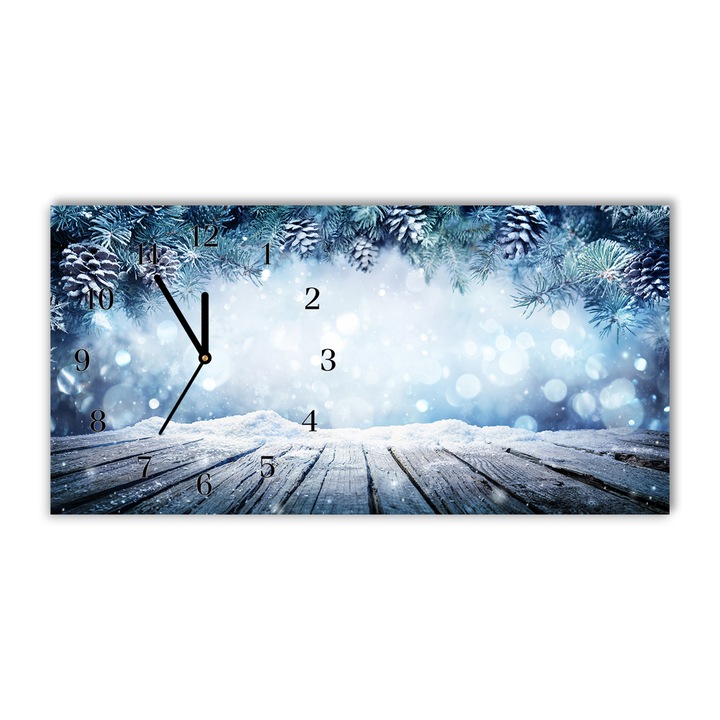 Ceas de perete. Tulup. sticla. model Iarna. Zapada. Pom de Craciun. 60x30cm