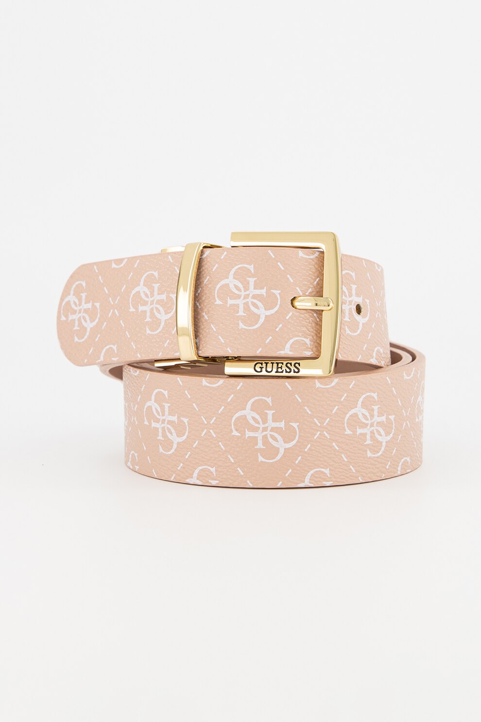 Guess, Curea de piele ecologica Tyren, Roz prafuit/Alb, 95 CM Standard