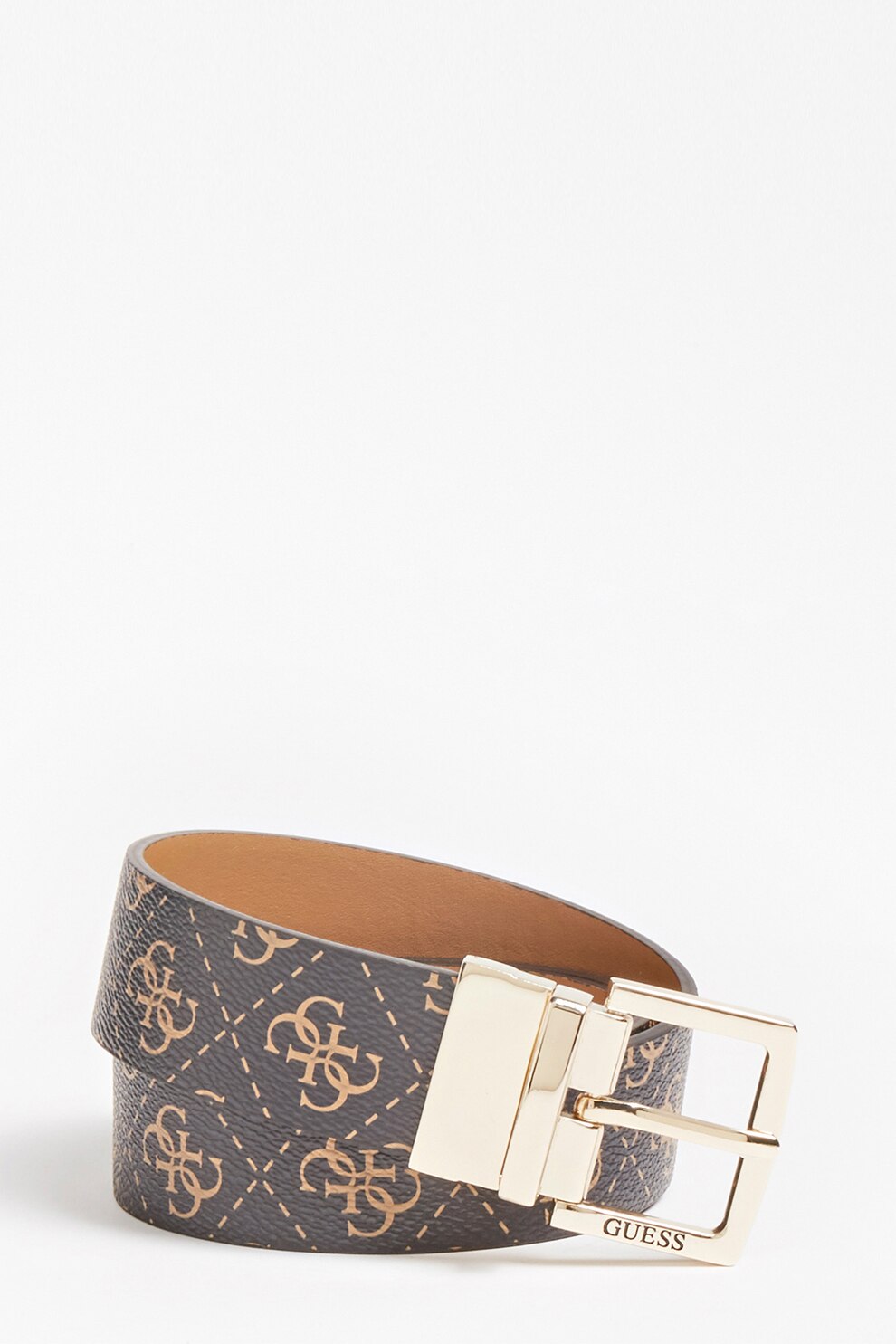 Guess, Curea de piele ecologica cu imprimeu logo Tyren, Maro inchis/Bej, 105 CM Standard