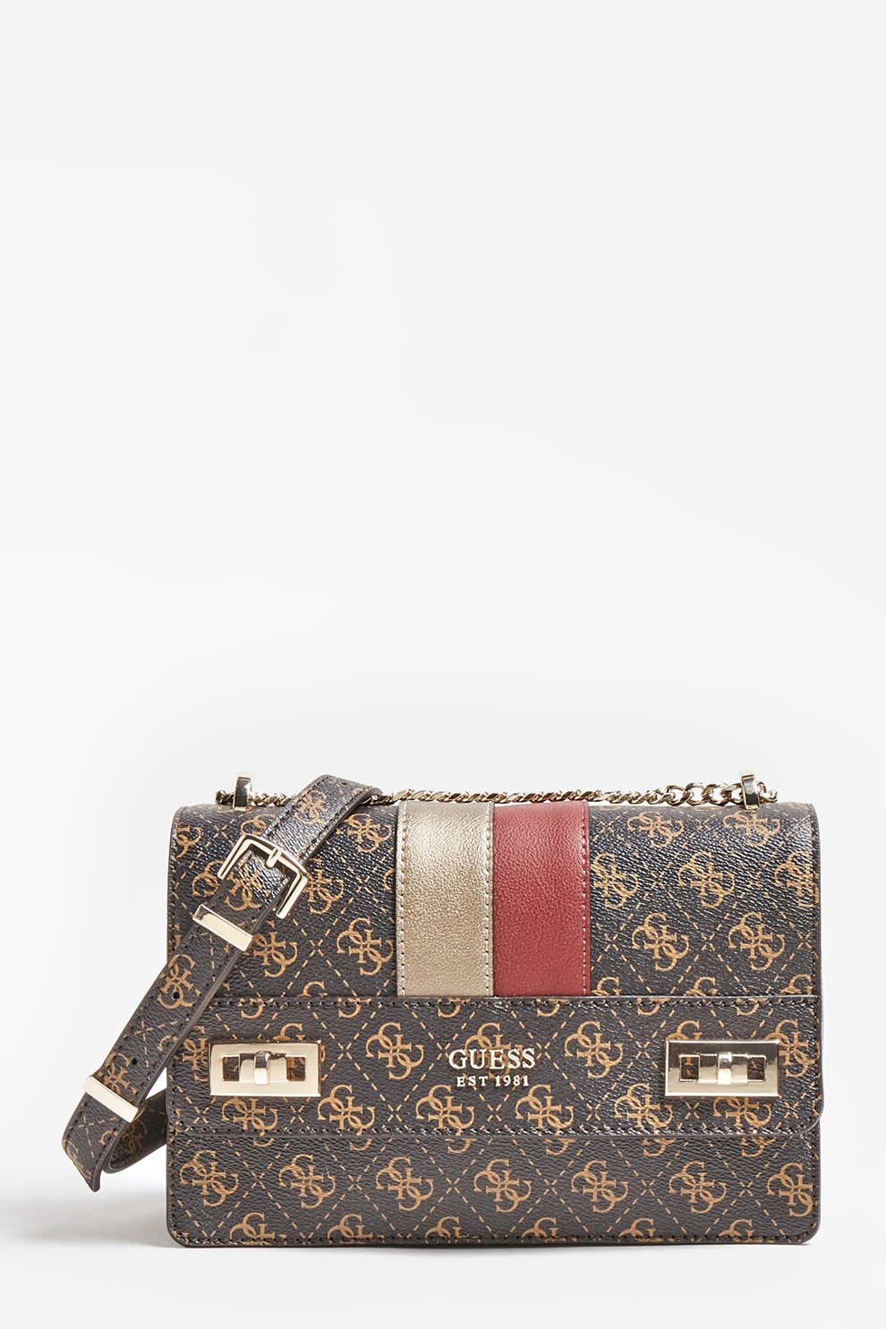 Guess, Geanta crossbody structurata de piele ecologica Katey, Maro/Bej/Rosu