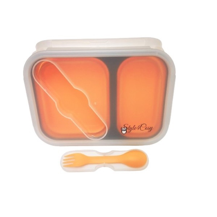 Caserola pliabila silicon Clip&Close cu lingura furculita, Style4Cosy, lungime 21,5 cm, Portocaliu