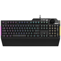 Tastatura gaming ASUS TUF K1, iluminare RGB 5 zone, suport ergonomic detasabil, rezistenta lichide, Negru