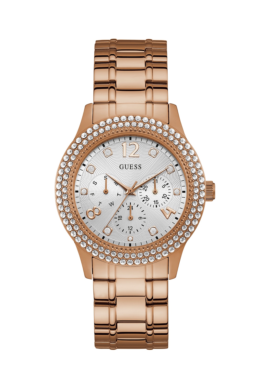 Guess, Ceas cu functii multiple decorat cu cristale, Auriu rose