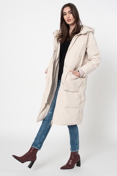 GAP, Geaca lunga cu umplutura de puf si gluga, Crem GAP, Geaca lunga cu umplutura de puf si gluga, Crem