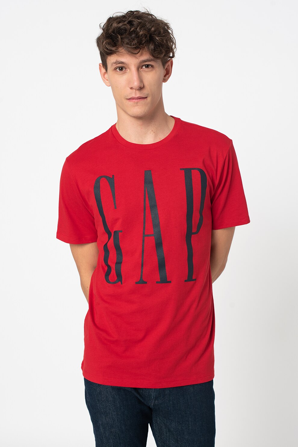 GAP, Tricou cu decolteu la baza gatului si imprimeu logo, Rosu inchis/Negru