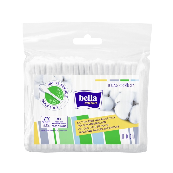Клечки за уши Bella с хартиени дръжки, ПЕ, 100 бр