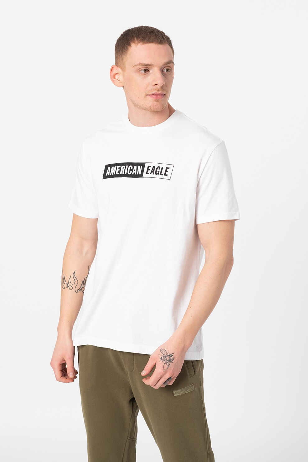 American Eagle, Tricou cu imprimeu logo, Alb optic/Negru