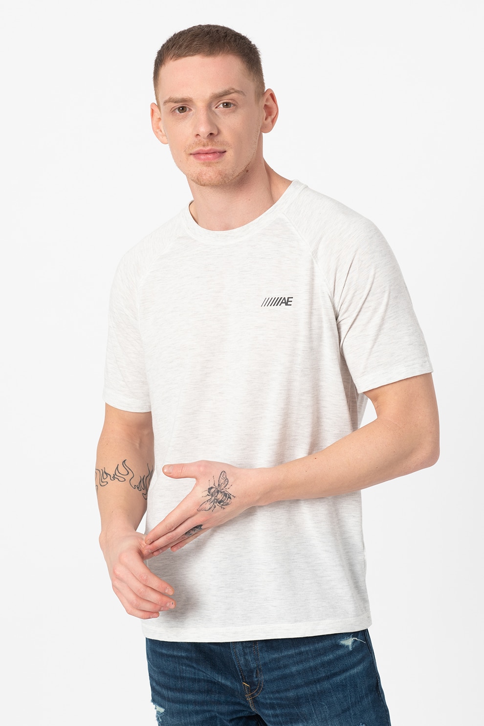 American Eagle, Tricou cu maneci raglan, Gri deschis melange