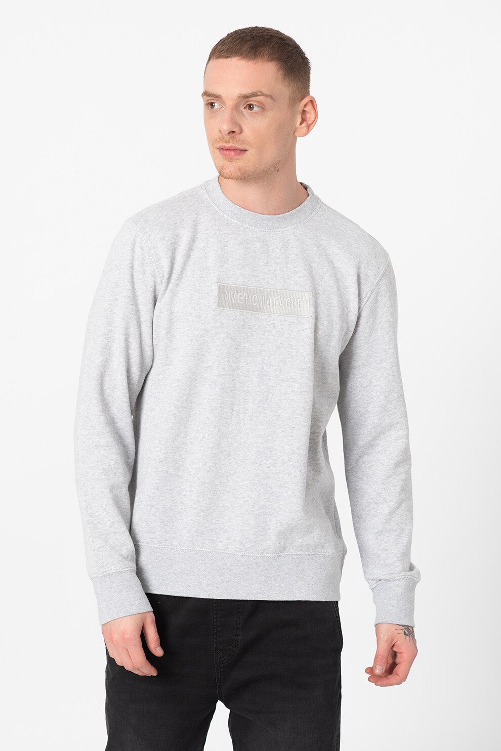 American Eagle, Bluza sport cu logo brodat, Gri deschis melange