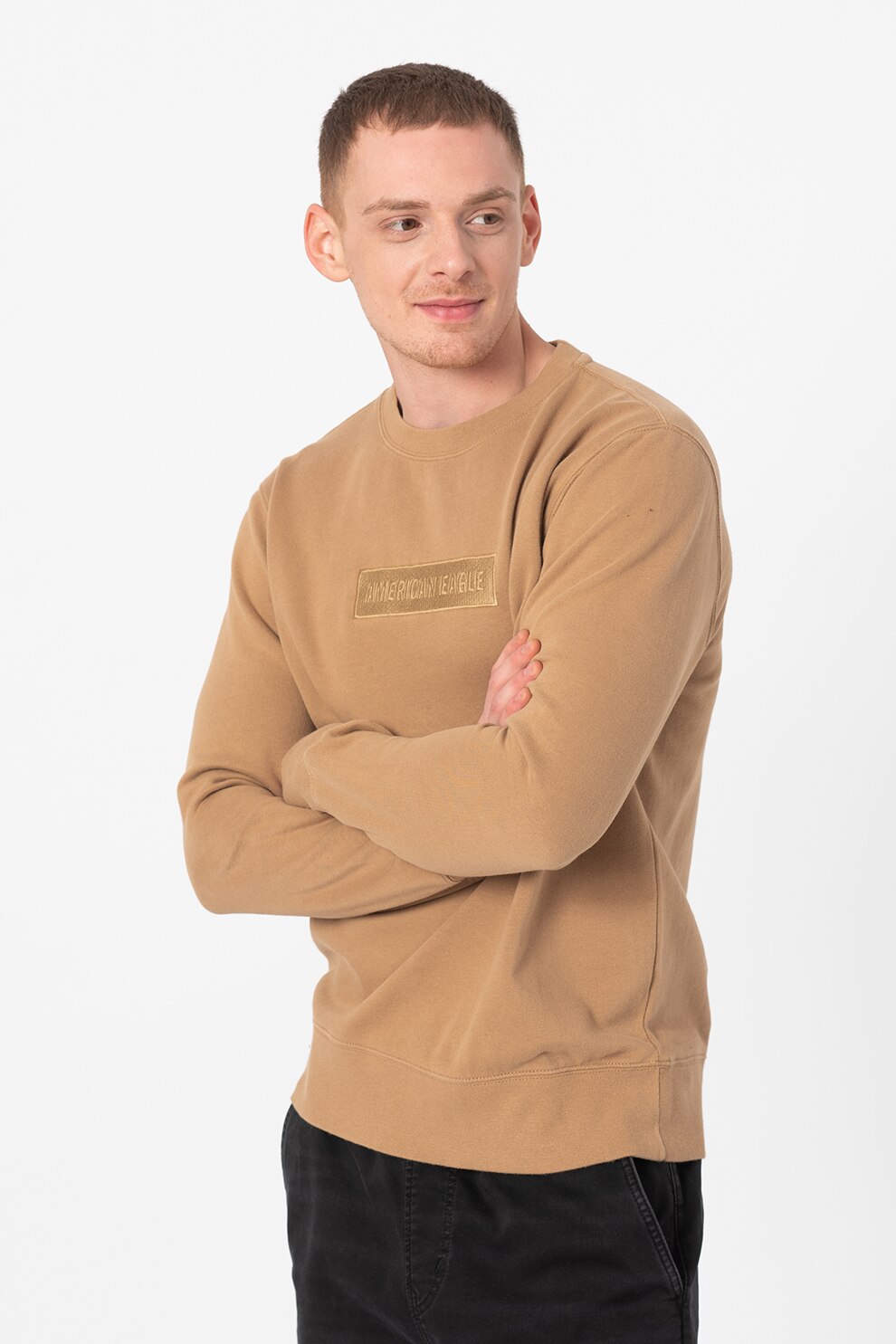 American Eagle, Bluza sport cu decolteu la baza gatului si logo brodat, Bej