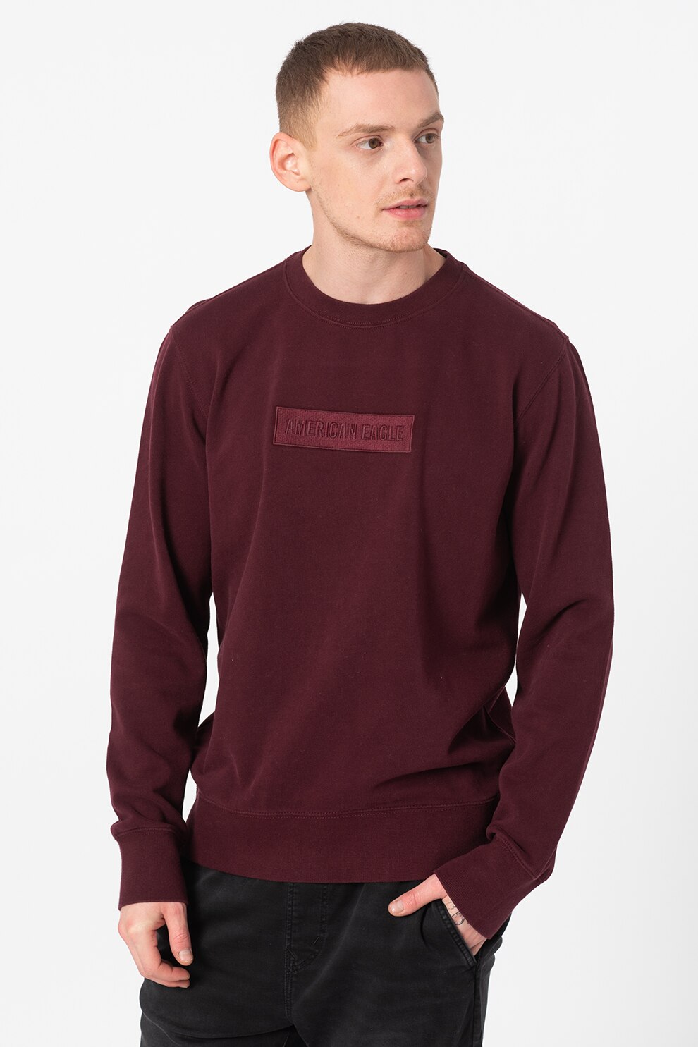 American Eagle, Bluza sport cu decolteu la baza gatului si logo brodat, Violet pruna