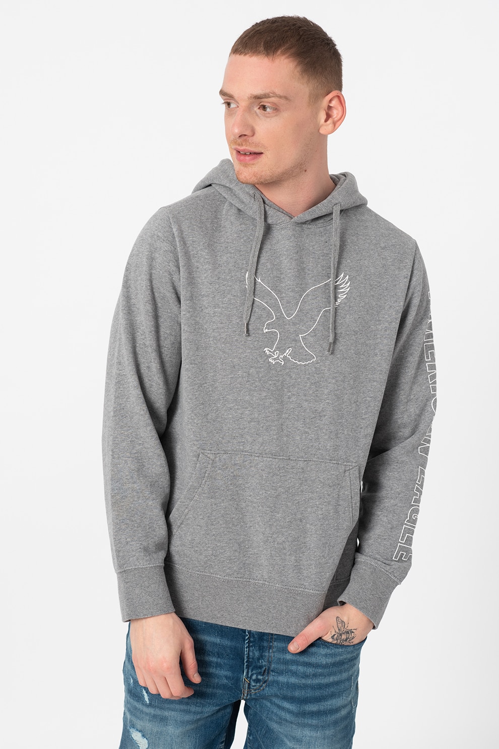 American Eagle, Hanorac cu buzunar kangaroo, Gri/Alb, 2XL