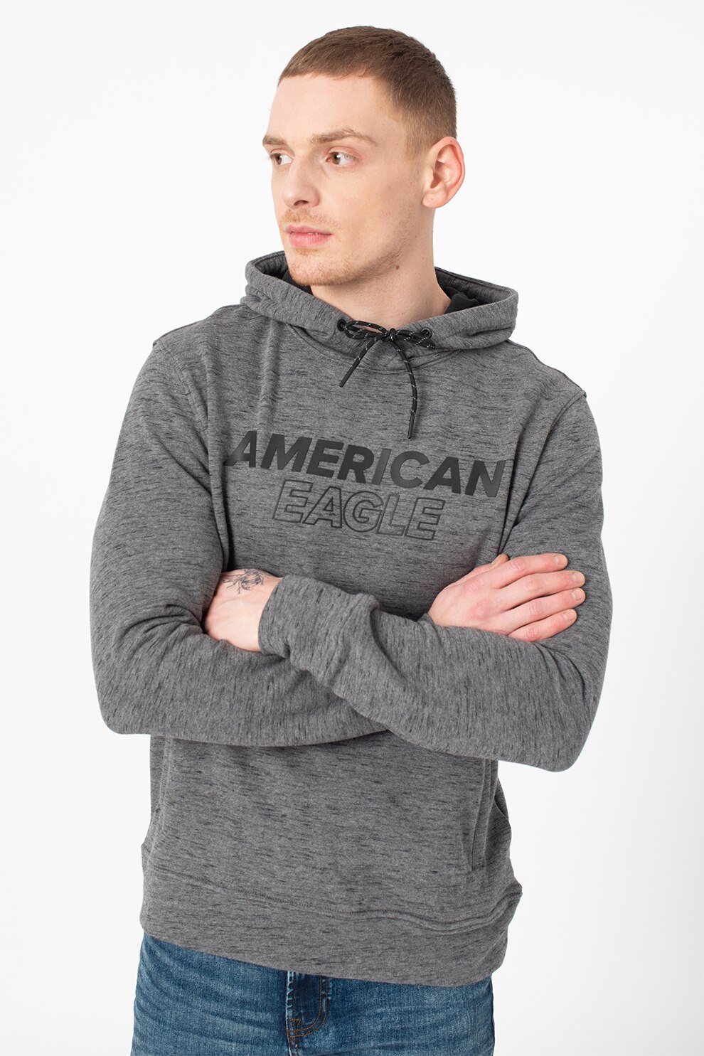 American Eagle, Hanorac cu logo cauciucat, Gri inchis melange/Negru