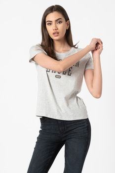 American Eagle, Tricou cu decolteu la baza gatului si logo, Gri deschis melange/Gri inchis American Eagle, Tricou cu decolteu la baza gatului si logo, Gri deschis melange/Gri inchis