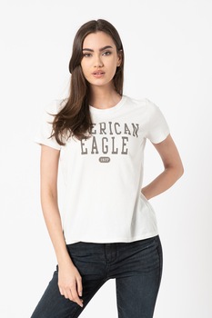 American Eagle, Tricou cu decolteu la baza gatului si logo, Alb prafuit/Gri inchis American Eagle, Tricou cu decolteu la baza gatului si logo, Alb prafuit/Gri inchis