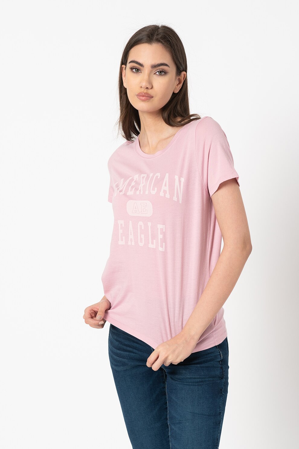 American Eagle, Tricou cu decolteu la baza gatului si logo, Roz pastel/Roz pal