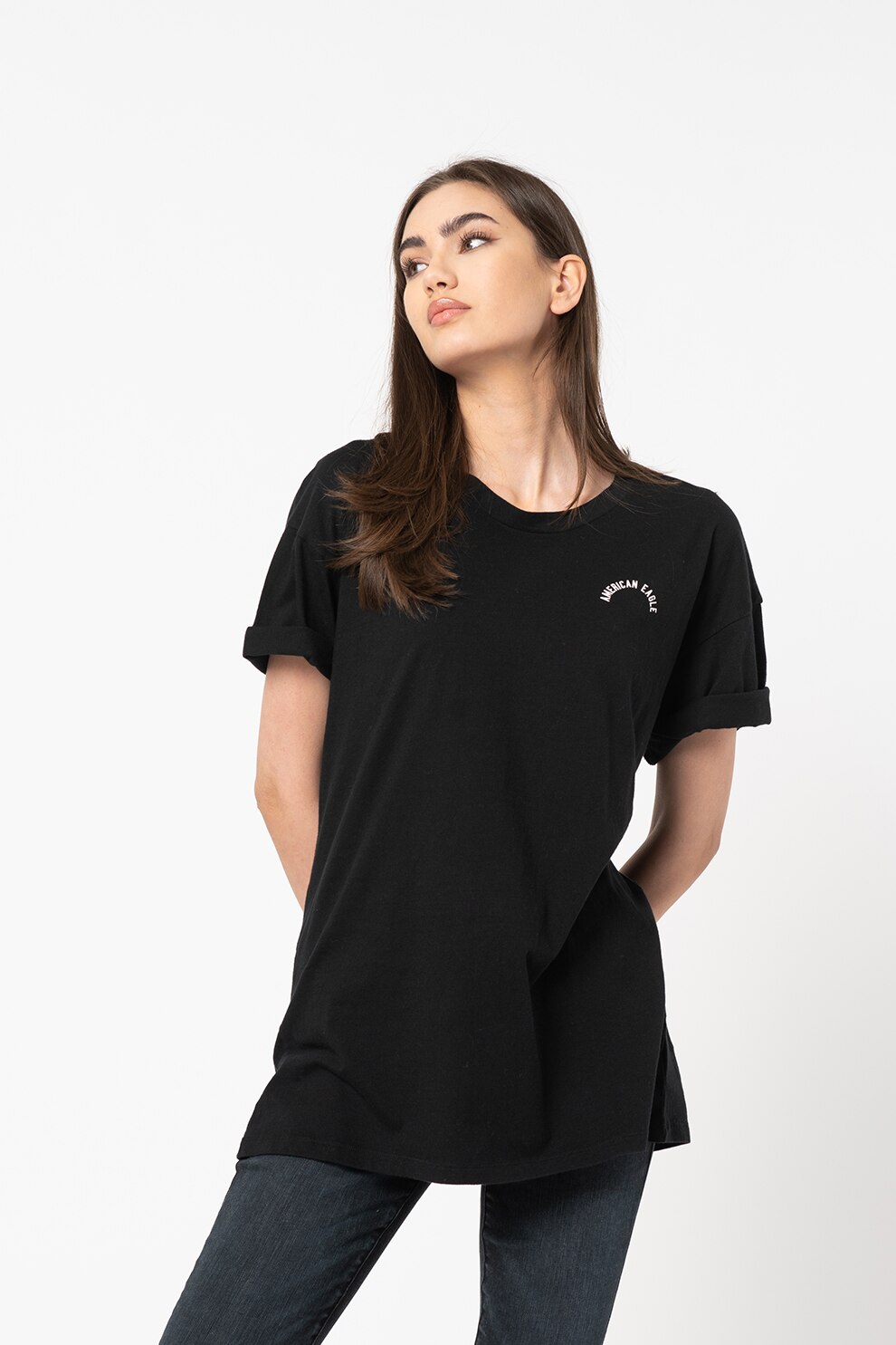 American Eagle, Tricou lung cu imprimeu logo, Negru/Alb optic