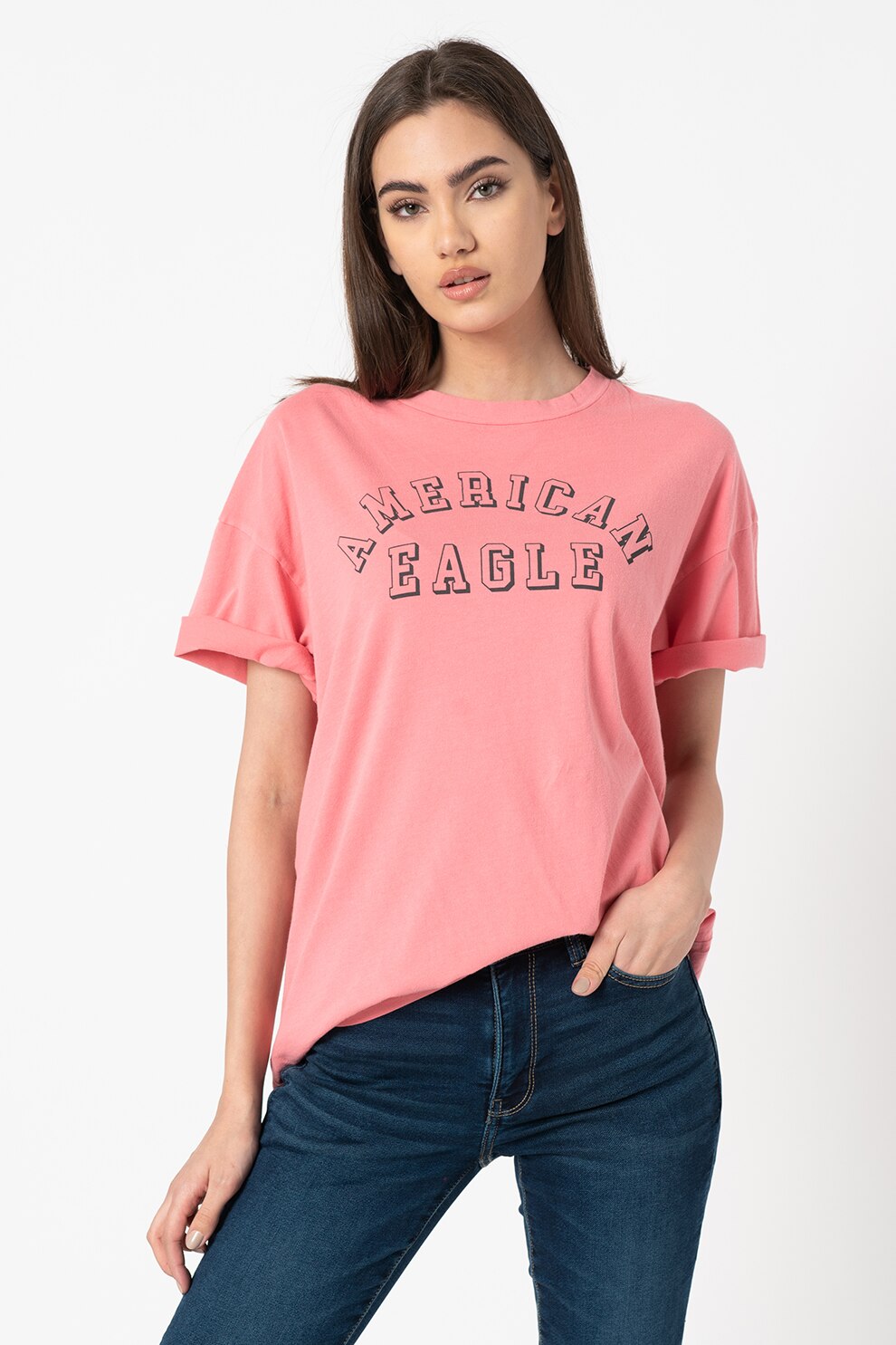 American Eagle, Tricou lung cu imprimeu logo, Roz/Gri inchis