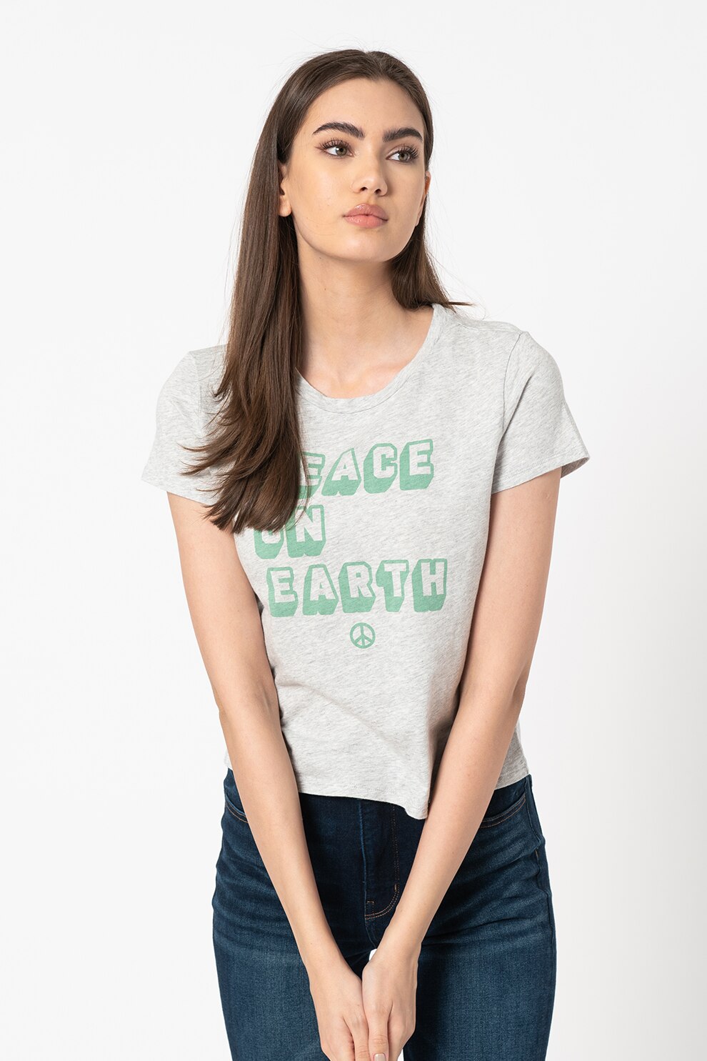 American Eagle, Tricou cu decolteu la baza gatului si imprimeu frontal, Gri deschis melange/Verde