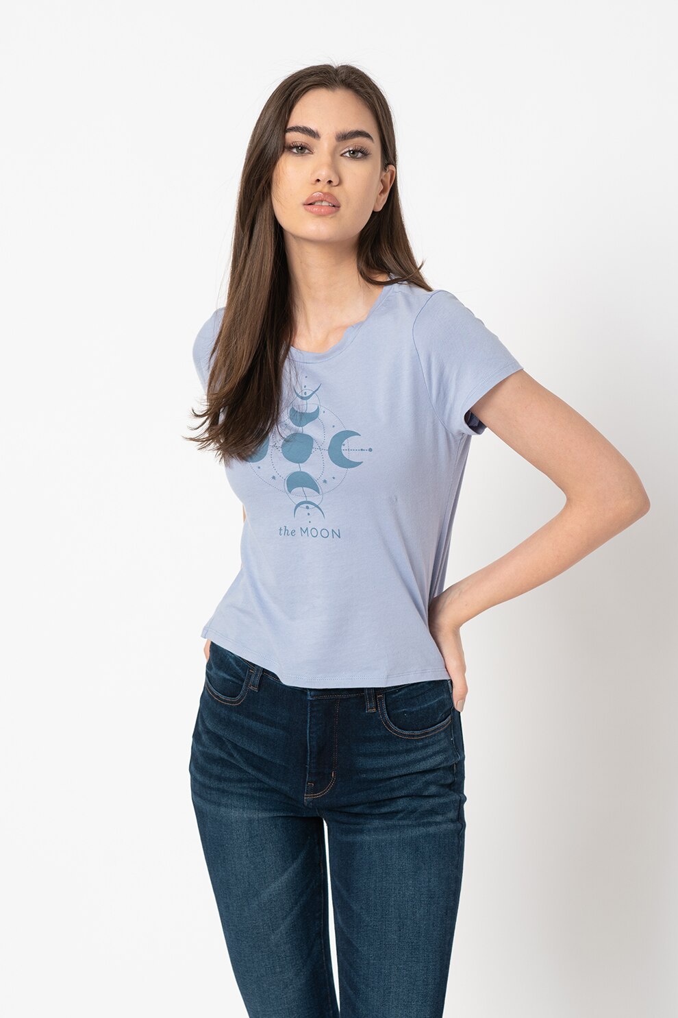 American Eagle, Tricou cu decolteu la baza gatului si imprimeu frontal, Albastru lavanda/albastru petrol