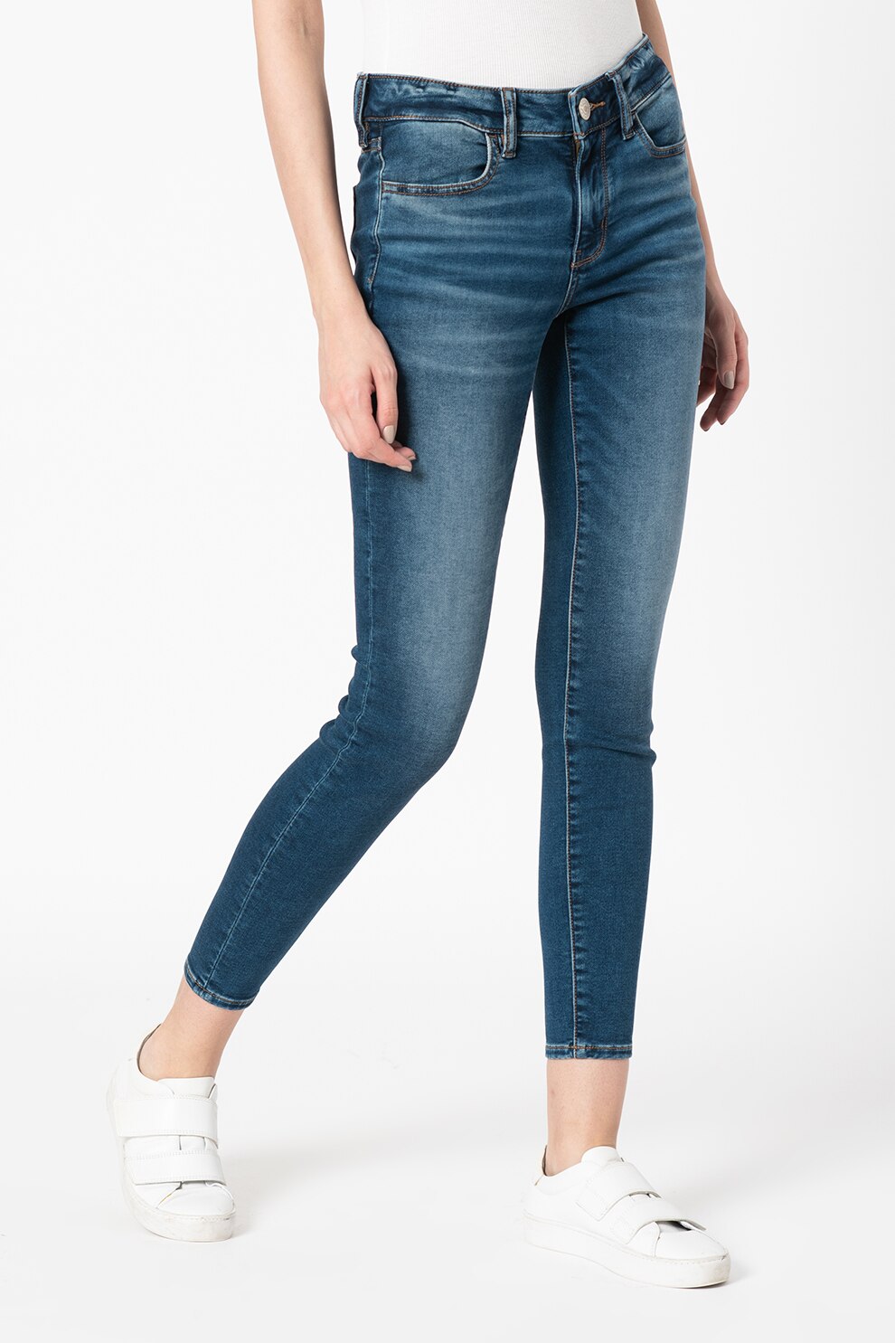 American Eagle, Blugi crop skinny cu aspect decolorat, Bleumarin/Alb optic, W26-L32