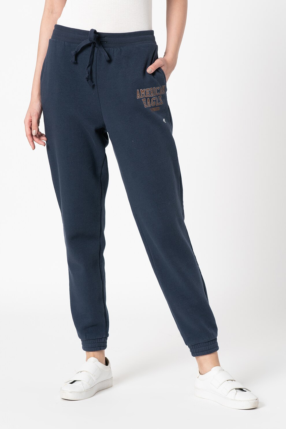 American Eagle, Pantaloni sport cu detaliu logo, Bleumarin/Bej