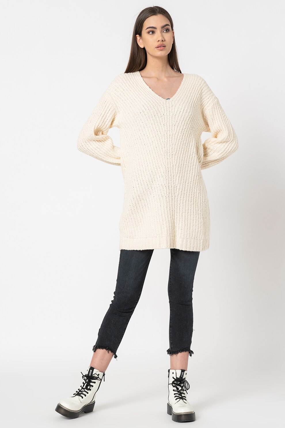 American Eagle, Rochie tricotata cu decolteu in V, Crem