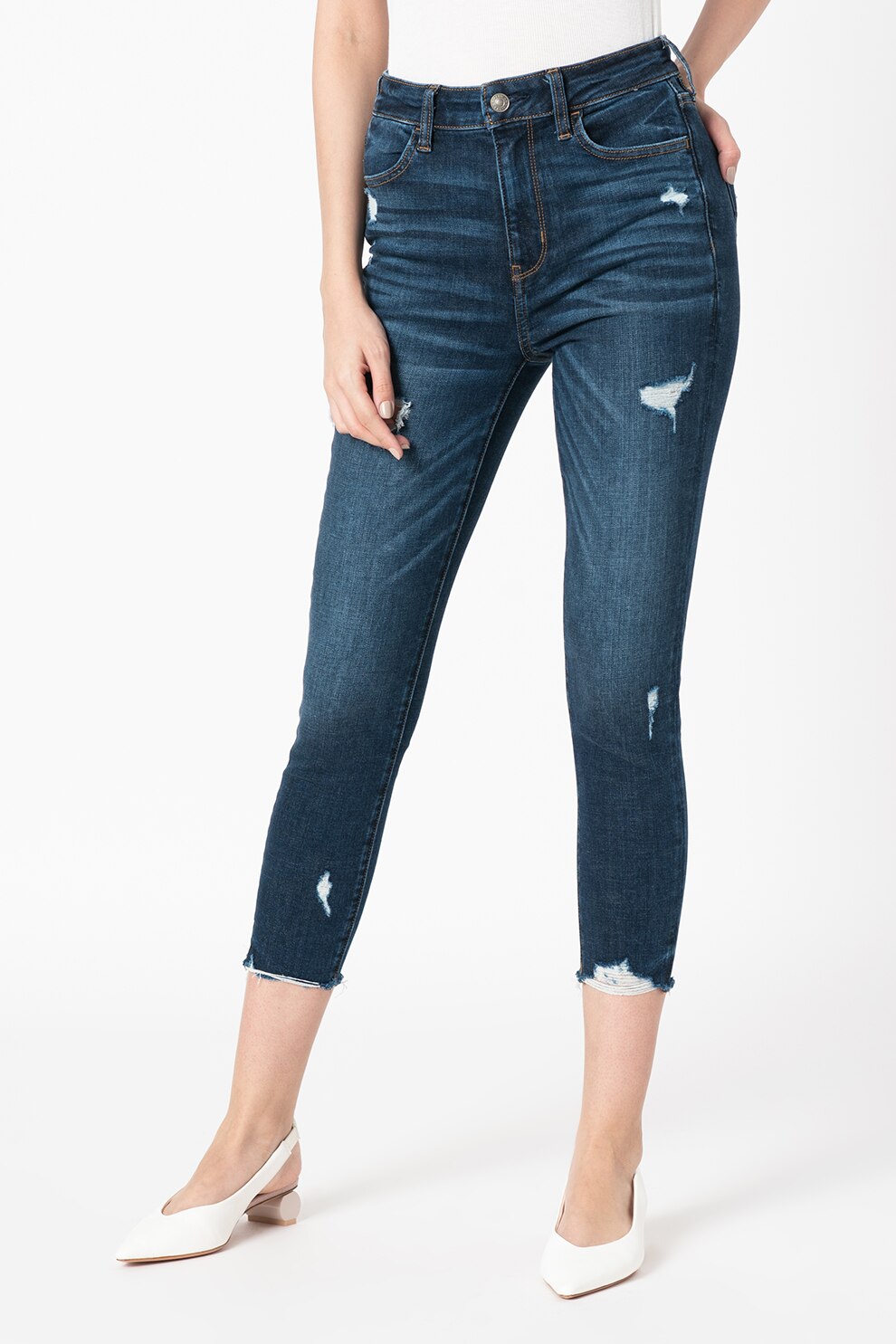 American Eagle, Blugi cu talie inalta si detalii cu aspect deteriorat, Bleumarin/Albastru inchis, W27-L30