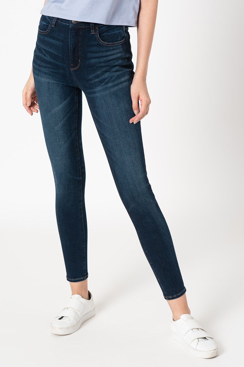 American Eagle, Blugi crop cu talie inalta, Bleumarin/Alb optic