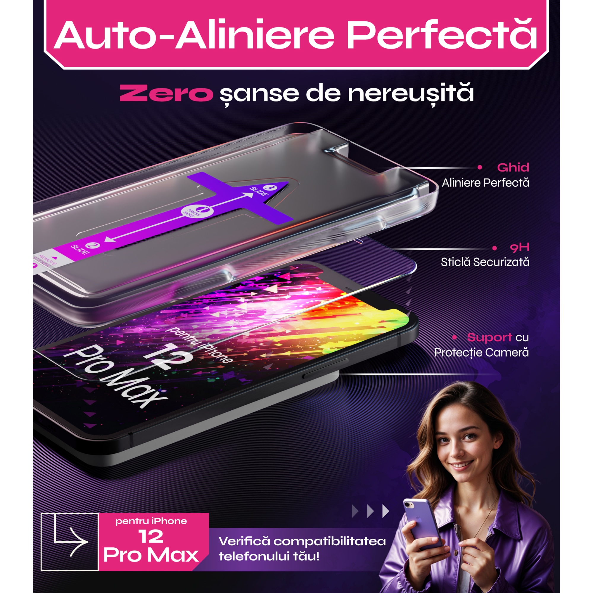 Folie sticla compatibil cu iPhone 12 Pro Max, set 2 buc, DefenSlim, instalare usoara si rapida cu dispozitiv de potrivire automata in 30 sec cu Easy Install Kit patentat, protectie telefon